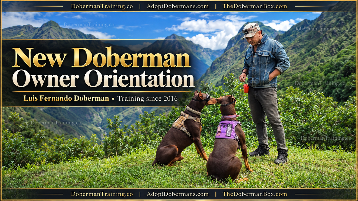 Luis Fernando Doberman with his two red and rust Dobermans outdoors in a mountain landscape. New Doberman Owner Orientation — Build Your First Month of Training